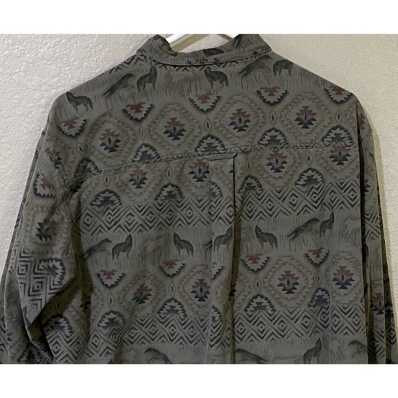 Woolrich Men's Large Sage Green Black Aztec Wolf Pattern Midweight Flannel Shirt - Picture 5 of 7